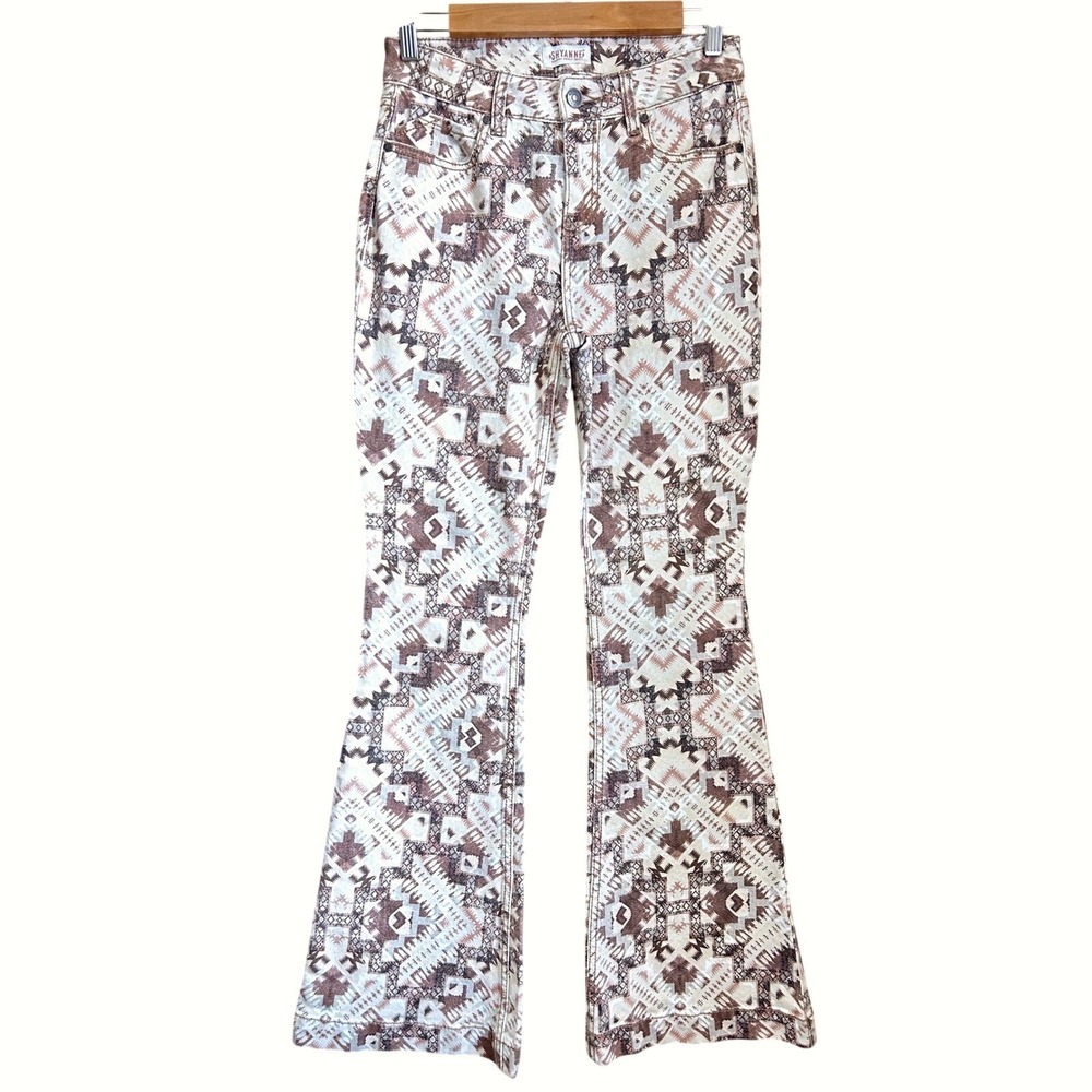Shyanne 25W x 34L Jeans Brown Southwestern Cow Flare Bell Bottom Cowgirl Tribal
